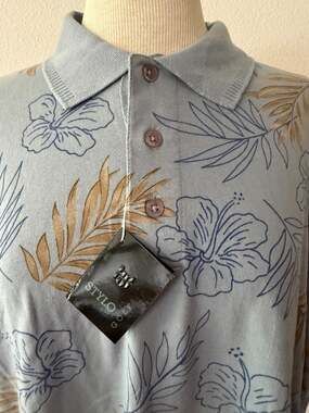 Stylo Golf Polo Shirt Mens Large Blue Hibiscus Tropical Hawaiian Large NWT